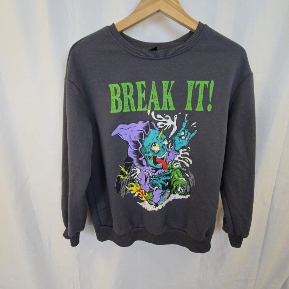SHEIN Sweatshirt Womens XS Gray Break It Monster Graphic Fleece Pullover